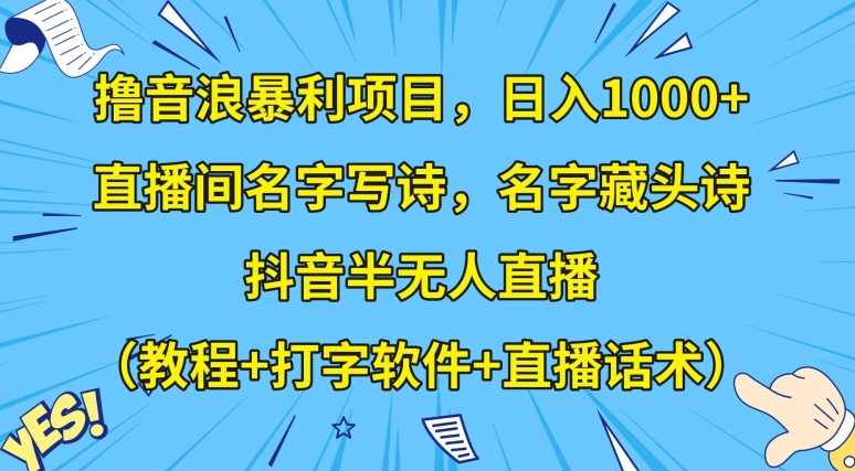 撸音浪暴利项目，日入1000+，直播间名字写诗，名字藏头诗，抖音半无人直播（教程+打字软件+直播话术）【揭秘】
