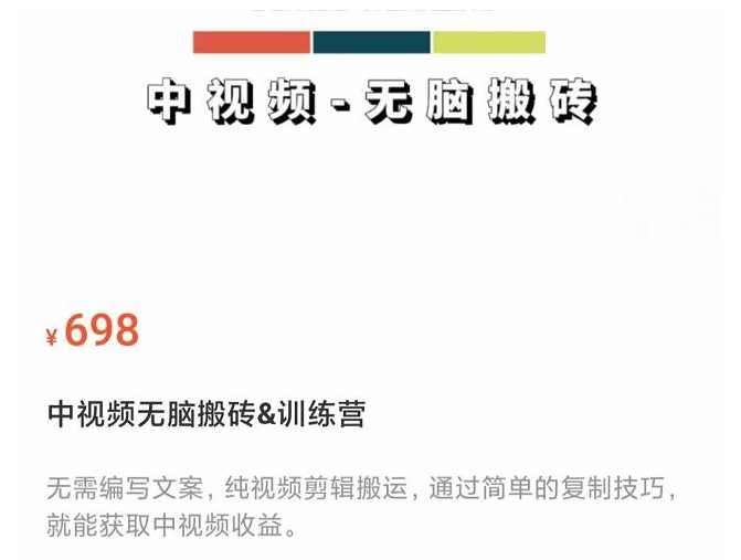 中视频无脑搬砖&amp;训练营，纯视频剪辑搬运，轻松上手批量起号，工作室可放大