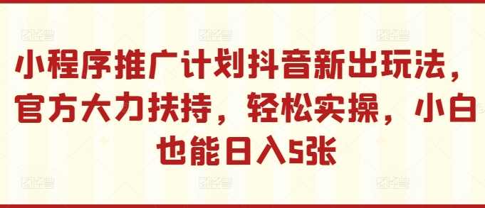 小程序推广计划抖音新出玩法，官方大力扶持，轻松实操，小白也能日入5张【项目拆解】